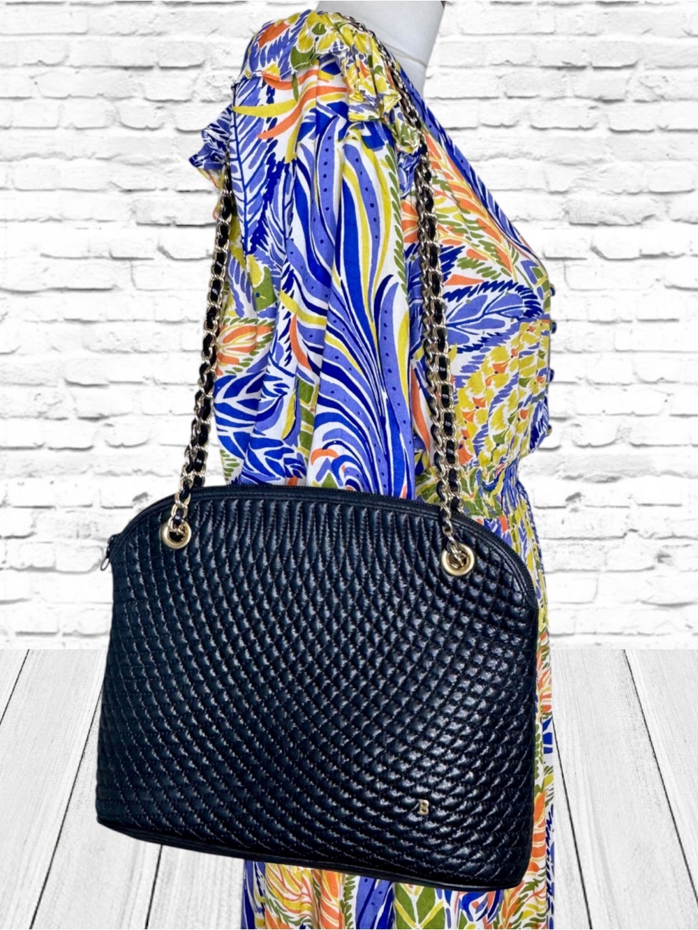 Vintage BALLY Bag Purse Black Quilted Leather Woven Gold Tone Chain Shoulder 80s